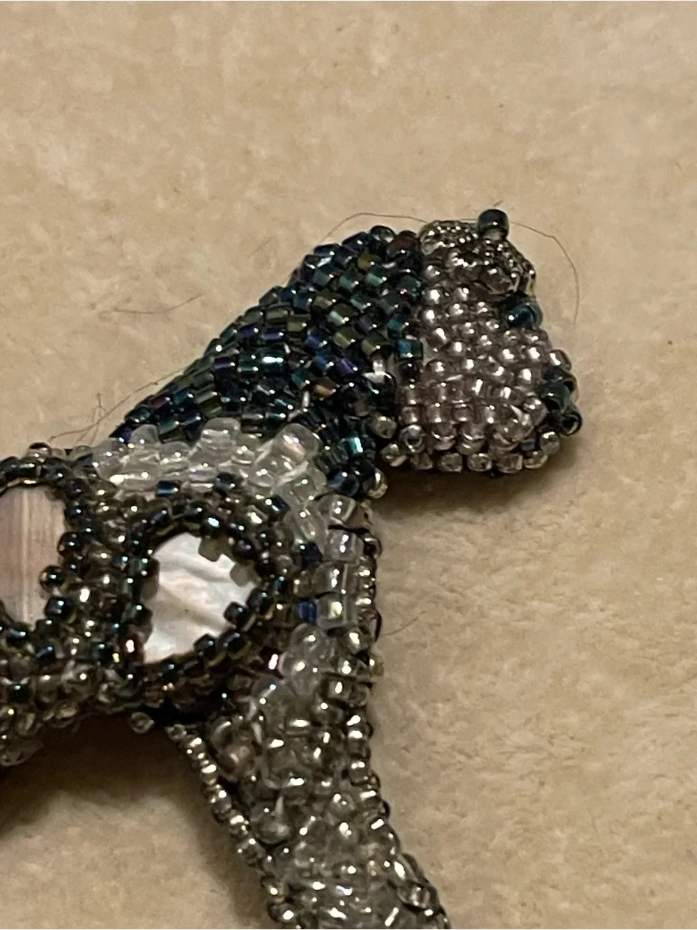 Beaded Terrier Dog Brooch in Iridescent Silver and Gray